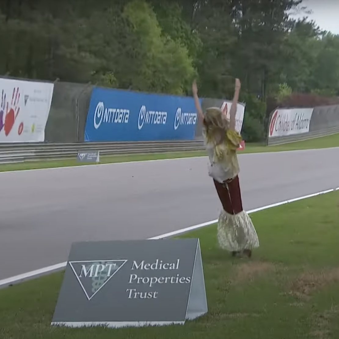 Mannequin falls onto the track during the Barber IndyCar race